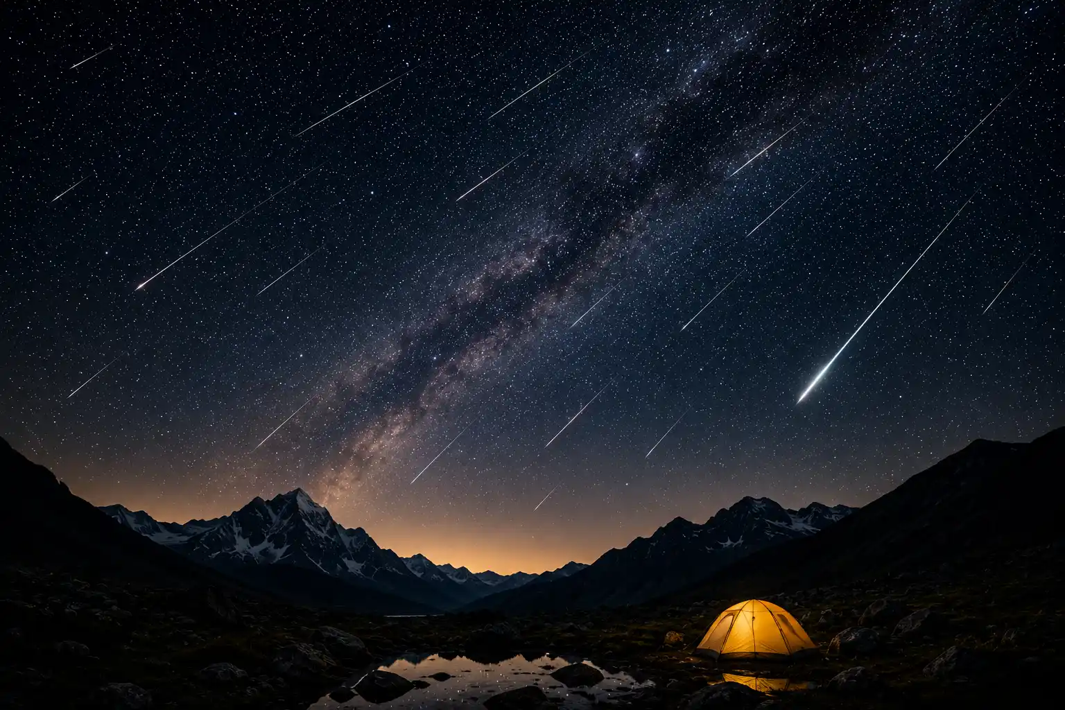 Meteor shower over a dark landscape